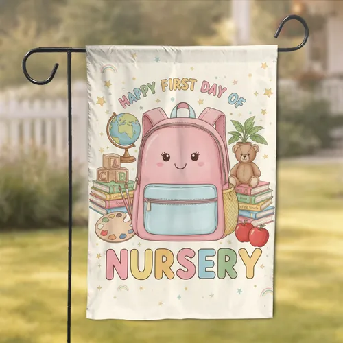 Smiling Pink Backpack Books Globe Stars - First Day of Nursery Gift for Child Garden Flag