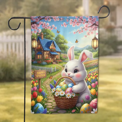 Fluffy Easter Bunny Basket Eggs Storybook Spring Garden Cottage - Easter Holiday Gift Garden Flag