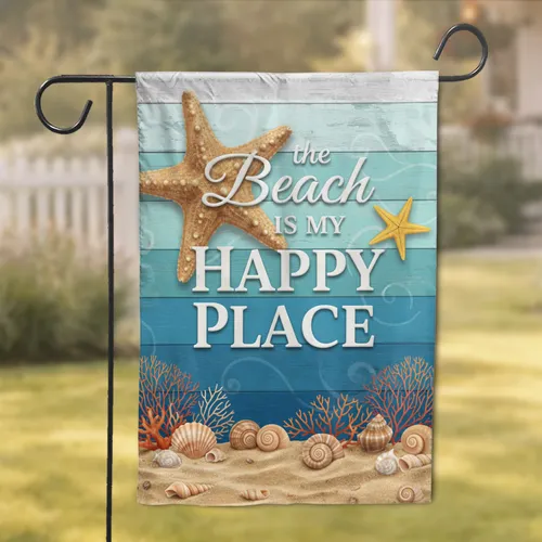 Beach Happy Place Starfish Seashells Ocean Wood - Home Decor Gift for Beach Lover Garden Flag