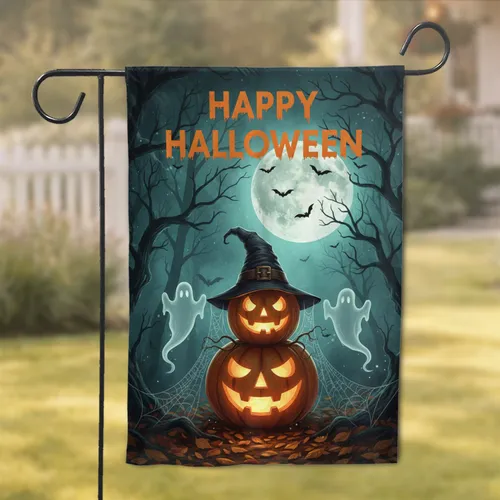 Happy Halloween Jack-o'-lanterns Ghost Bats Moon - Halloween Celebration Garden Flag