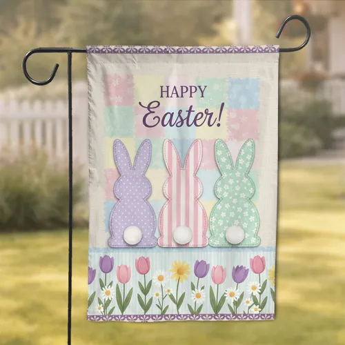 Easter Bunny Silhouettes Textile Patchwork Flowers - Easter Celebration Gift Garden Flag