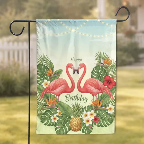 Pink Flamingos Tropical Pineapple Happy Birthday - Celebration Decor Garden Flag