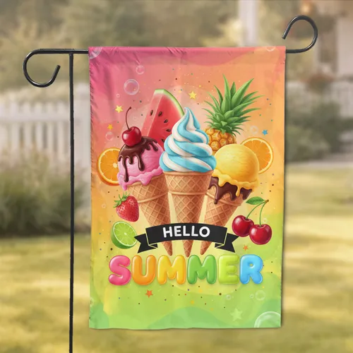 Ice Cream Cones Colorful Summer Fruit Summer Text - Summer Celebration Decor Garden Flag