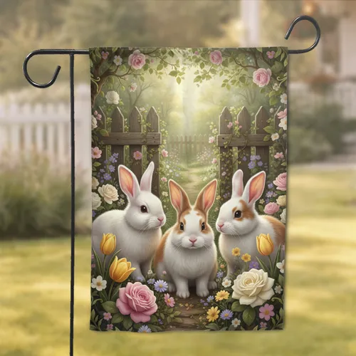 Garden Bunnies Rose Tulip Picket Fence - Garden Lover Gift Garden Flag