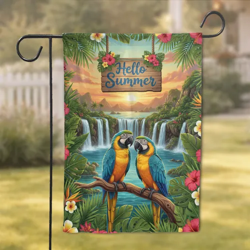 Hello Summer Macaws Tropical Sunset Waterfall - Summer Home Decor Gift Garden Flag