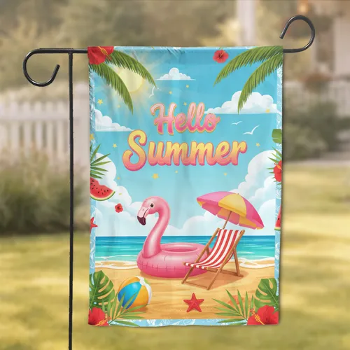Hello Summer Flamingo Beach Scene - Summer Decor Gift Garden Flag
