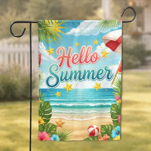 Hello Summer Ocean Beach Palm Watermelon - Summer Home Decor Garden Flag