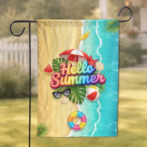 Hello Summer Beach Scene Tropical Foliage - Summer Season Home Decor Garden Flag