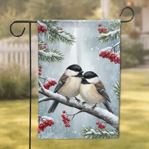 Small Winter Birds Snow Branch Red Berries Pine Needles - Wildlife Decor Gift Garden Flag