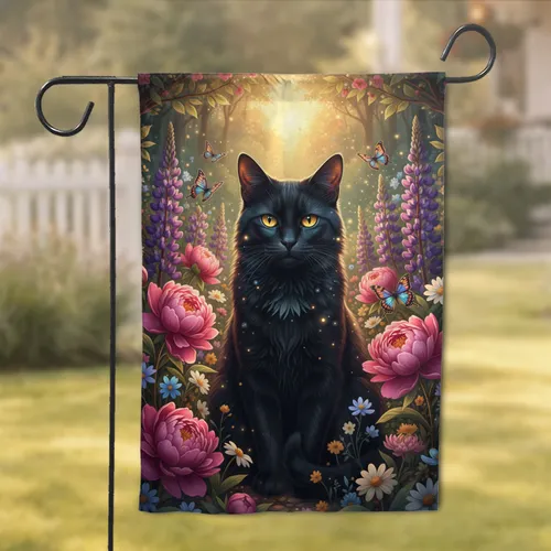 Mystical Black Cat Peony Lupine Garden - Home Decor Gift for Cat Lover Garden Flag
