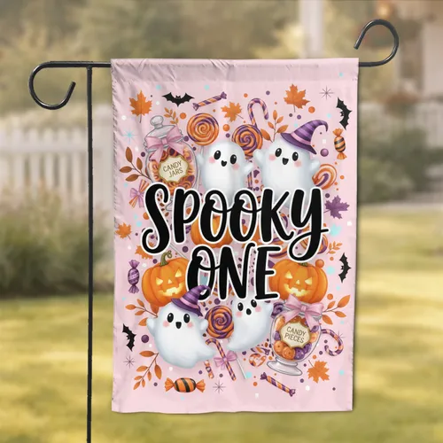Spooky One Ghosts Jack-o'-lanterns Candies Bats Autumn Leaves Halloween Party Decor Garden Flag