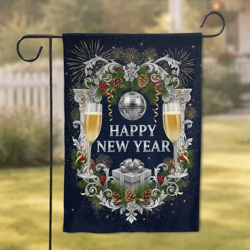 Happy New Year Champagne Flutes Fireworks - New Year's Eve Party Decor Garden Flag