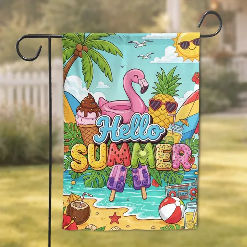 Hello SUMMER Beach Flamingo Pineapple Surfboard - Summer Celebration Decor Garden Flag