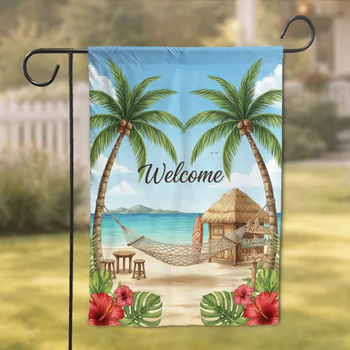 Welcome Hammock Palm Tree Tiki Hut Beach Surfboard - Tropical Home Decor Garden Flag