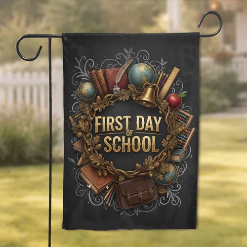 Golden First Day of School Text Vintage School Supplies - Back to School Celebration Gift Garden Flag