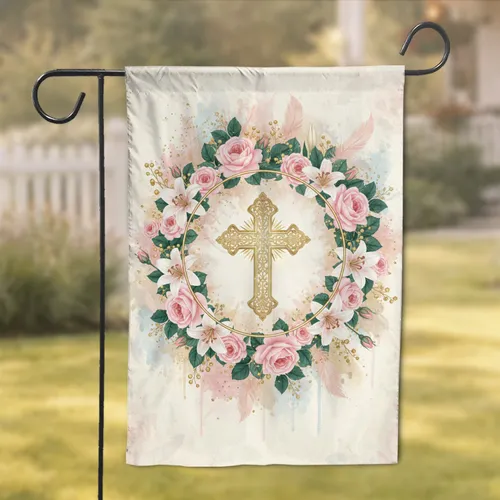 Ornate Filigree Golden Cross Floral Wreath - Home Decor Gift Garden Flag