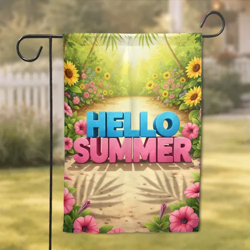 Hello Summer Letters Palm Leaf Garden Flowers - Summer Celebration Decor Garden Flag