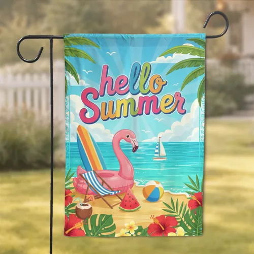 Hello Summer Beach Flamingo Surfboard Palm Tree - Summer Home Decor Gift Garden Flag