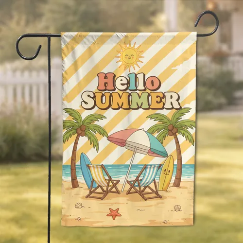 Hello Summer Beach Scene Lounge Chairs Palm Trees Surfboards Sun - Summer Celebration Garden Flag