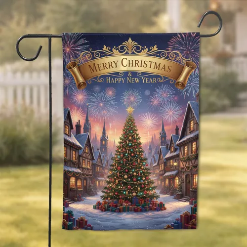 Merry Christmas Happy New Year Village Street Fireworks - Holiday Celebration Gift Garden Flag