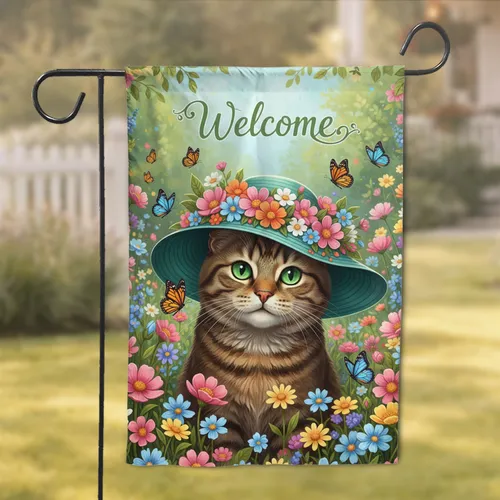 Welcome Tabby Cat Sun Hat Wildflowers Butterflies - Home Decor Gift for Cat Lover Garden Flag