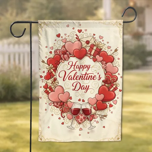 Happy Valentine's Day Hearts Wine Glasses Love Letters Gift Boxes - Valentine's Day Decor Garden Flag