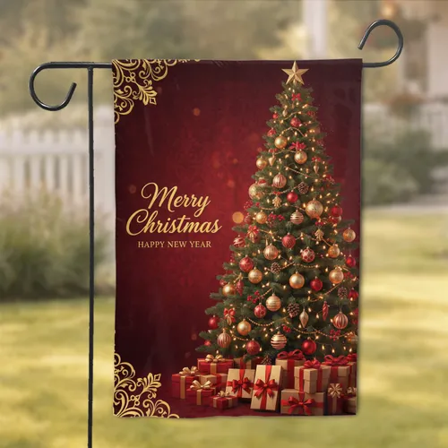 Christmas Tree Gifts Merry Christmas New Year Gold Scrollwork - Holiday Decor Garden Flag