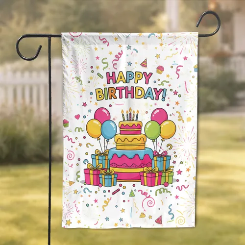 Happy Birthday Cake Balloons Gifts Confetti - Birthday Party Celebration Garden Flag