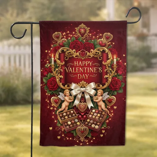 Golden Valentine Banner Cherubs Hearts Roses Baroque - Valentine's Day Gift Garden Flag