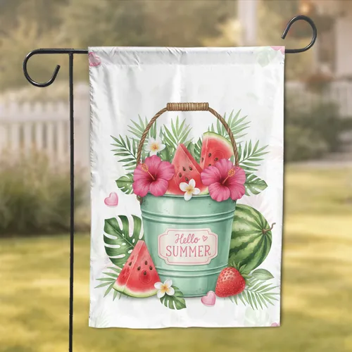 Vintage Watermelon Hibiscus Strawberry Bucket - Hello Summer Home Decor Garden Flag