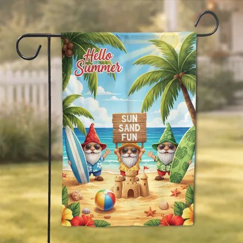 Cheerful Gnomes Hello Summer Beach Surfboard Scene - Summer Ocean Decor Gift Garden Flag