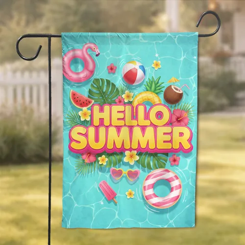 Hello Summer Pool Party Tropical Inflatables - Summer Home Decor Gift Garden Flag