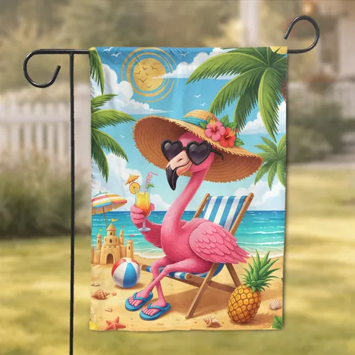 Pink Flamingo Tropical Beach Cocktail - Home Decor Gift for Beach Lover Garden Flag