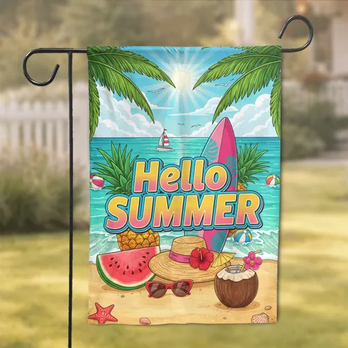 Hello Summer Tropical Beach Scene with Watermelon Pineapple - Summer Decor Gift Garden Flag