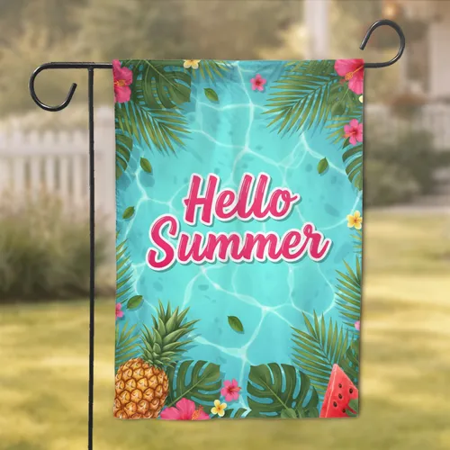 Hello Summer Tropical Foliage Pineapple Watermelon - Summer Poolside Decor Garden Flag