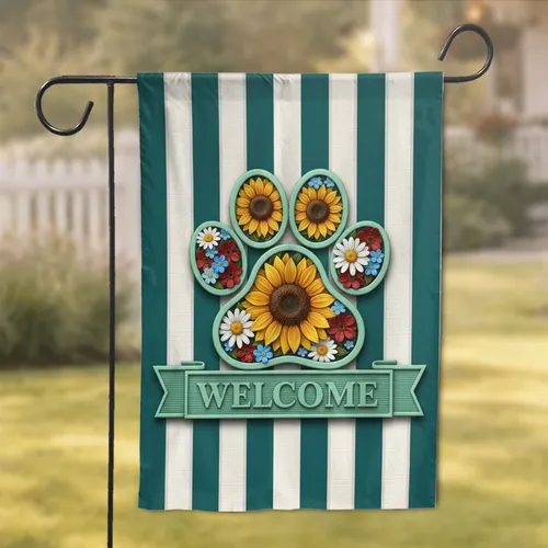 Floral Dog Paw Print Welcome Banner - Home Decor Gift for Dog Lovers Garden Flag