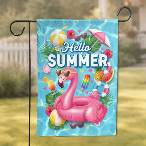 Pink Flamingo Pool Party Hello Summer - Summer Season Home Decor Garden Flag