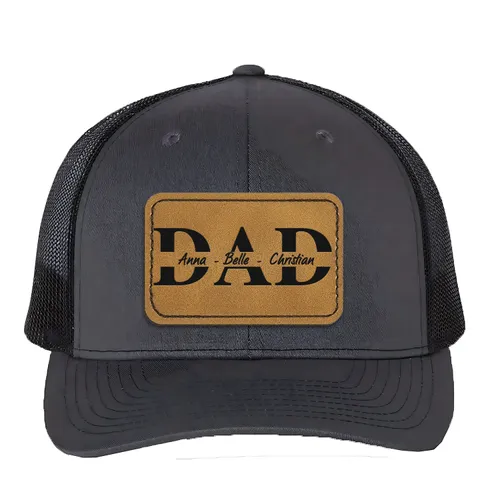 Personalized Dad Hat with Kids Names, Fathers Day Gift for Dad, Gift from Kids, Daughter, Son, Children Leather Patch Snapback Trucker Cap