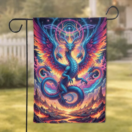 Majestic Fiery Blue Dragon Iridescent Wings Cosmic Lava - Fantasy Home Decor Fan Gift Garden Flag