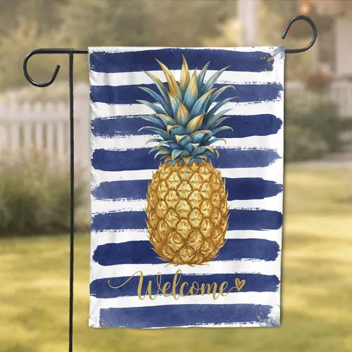 Large Golden Pineapple Welcome Heart Indigo White Horizontal Stripes - Coastal Home Decor Gift Garden Flag