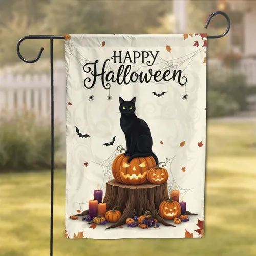 Regal Black Cat Jack-o'-Lantern Autumn Leaves Halloween Party Decor Garden Flag