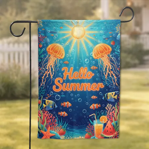 Hello Summer Jellyfish Sun Clownfish Tropical Underwater - Summer Home Decor Gift Garden Flag