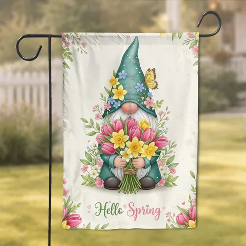 Antique Teal Hat Garden Gnome Wildflower Bouquet Hello Spring - Spring Home Decor Gift Garden Flag