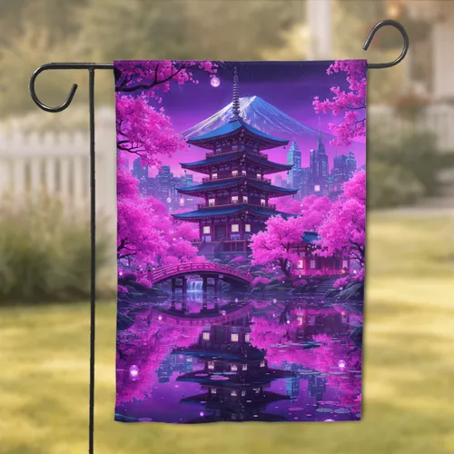 Japanese Pagoda Temple Cyberpunk City Cherry Blossom Home Decor Gift Garden Flag