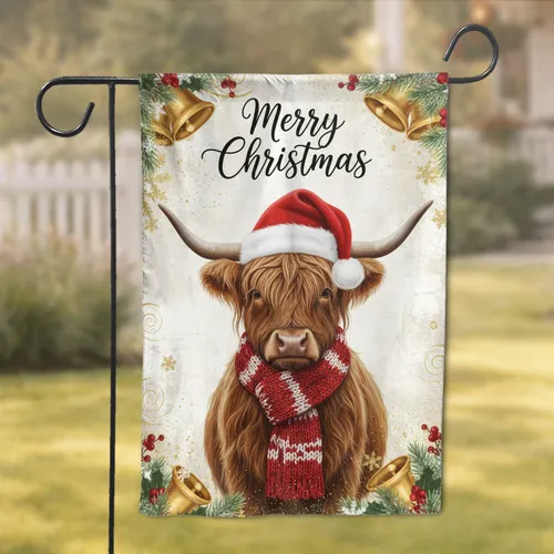 Highland Cow Santa Hat Scarf Jingle Bells Evergreen - Christmas Decor Gift for Cow Lover Garden Flag