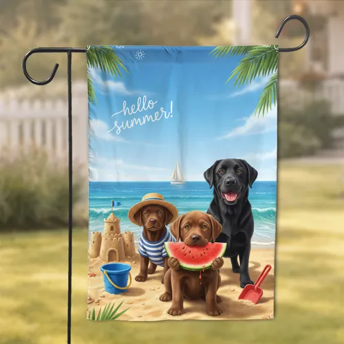 Three Labradors Beach Summer Ocean - Home Decor Gift for Dog Lover Garden Flag