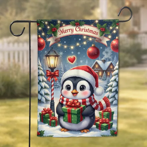 Merry Christmas Baby Penguin Santa Hat Gift - Holiday Home Decor Garden Flag
