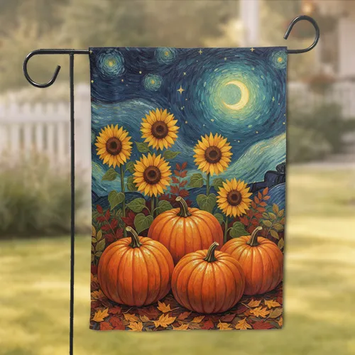 Autumn Pumpkins Sunflowers Night Sky Moon Stars - Halloween Party Home Decor Garden Flag