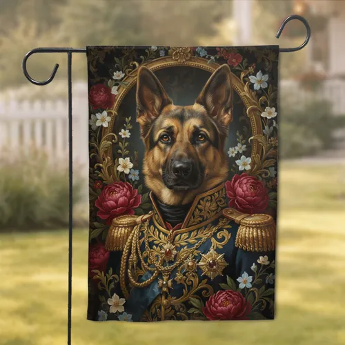 German Shepherd Officer Portrait Gold Military Uniform Peonies - Home Decor Gift Garden Flag