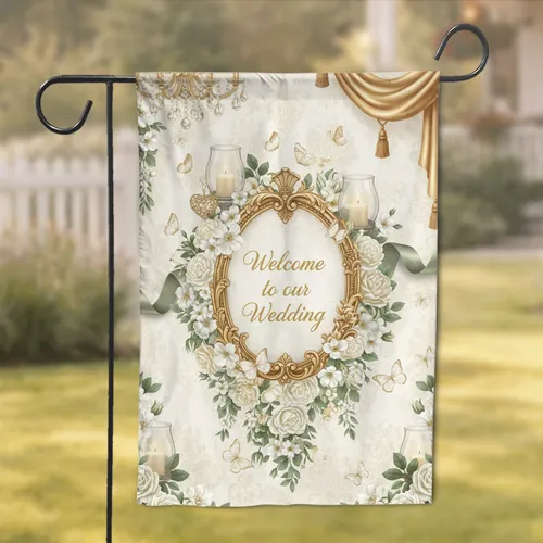 Antique Gold Framed Floral Welcome Wedding Text - Wedding Ceremony Decor for Wedding Couples Garden Flag